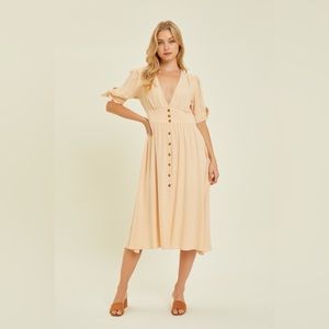 HEYSON Full Size Textured Linen V-Neck Button-Down Midi Dress